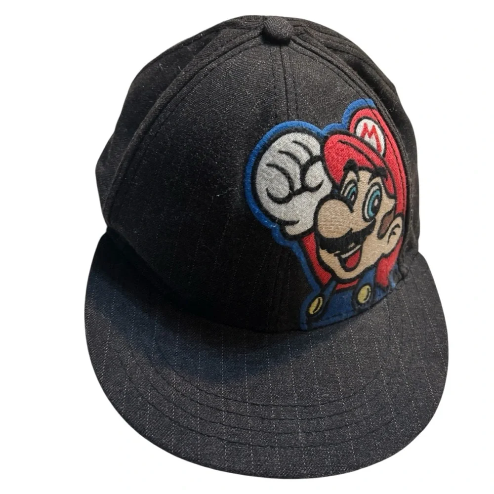 Super Mario Hat Black Ball Cap Nintendo Black Pinstriped Fitted